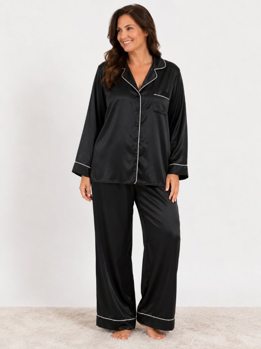 NWT $72 Cabernet Black White Trimmed Satin Two Piece Pajama Set Women's Size 3X